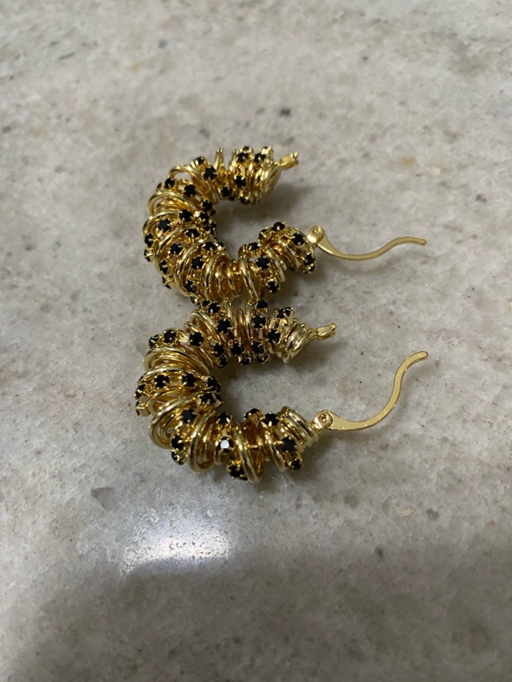 Gold Hoop Earrings with Black Crystal Accents - Picture 3 of 5